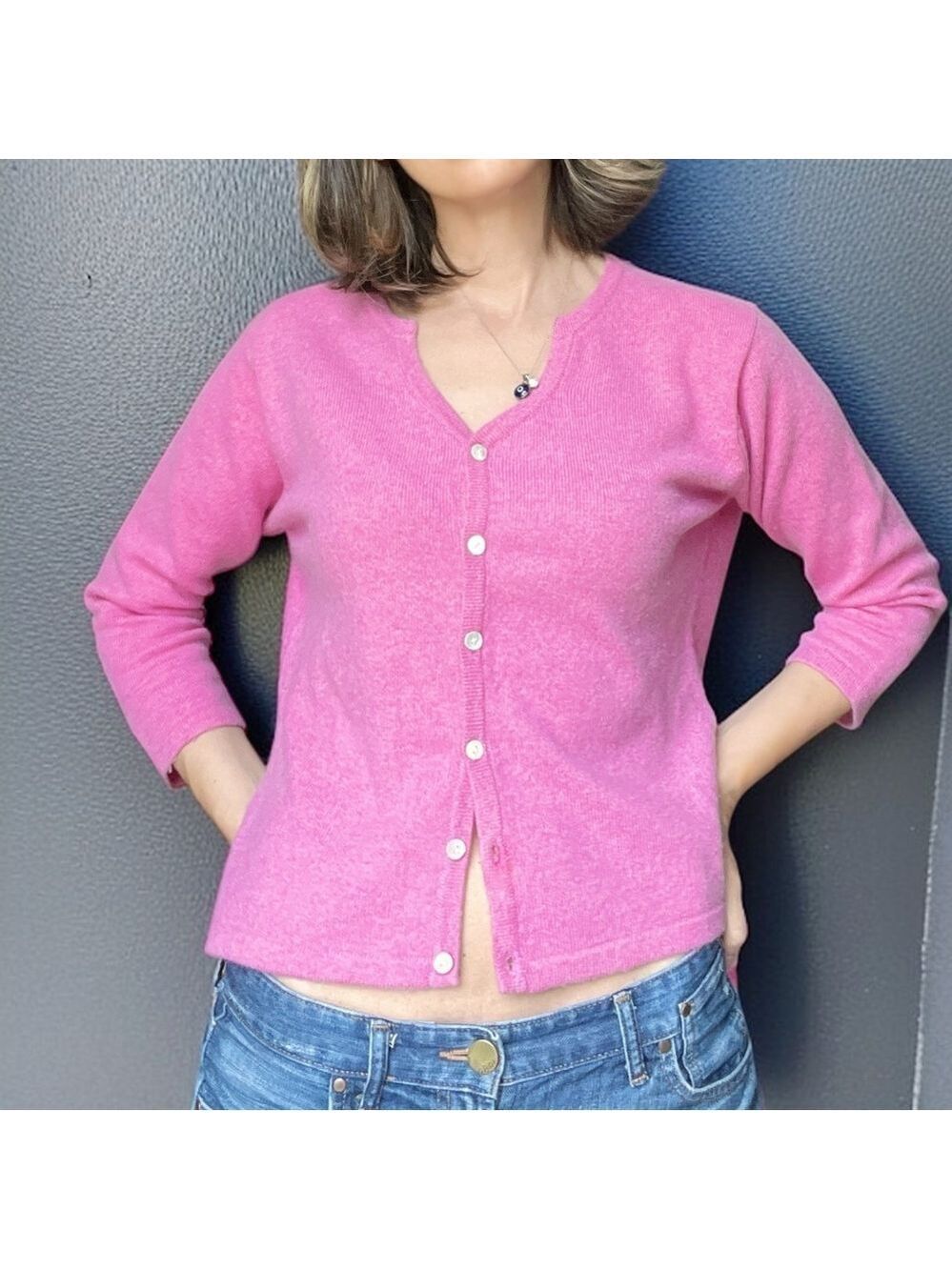 Vintage Lord & Taylor Cashmere Cardigan M Pink 3/4 Sleeve 90s Old Money Chic